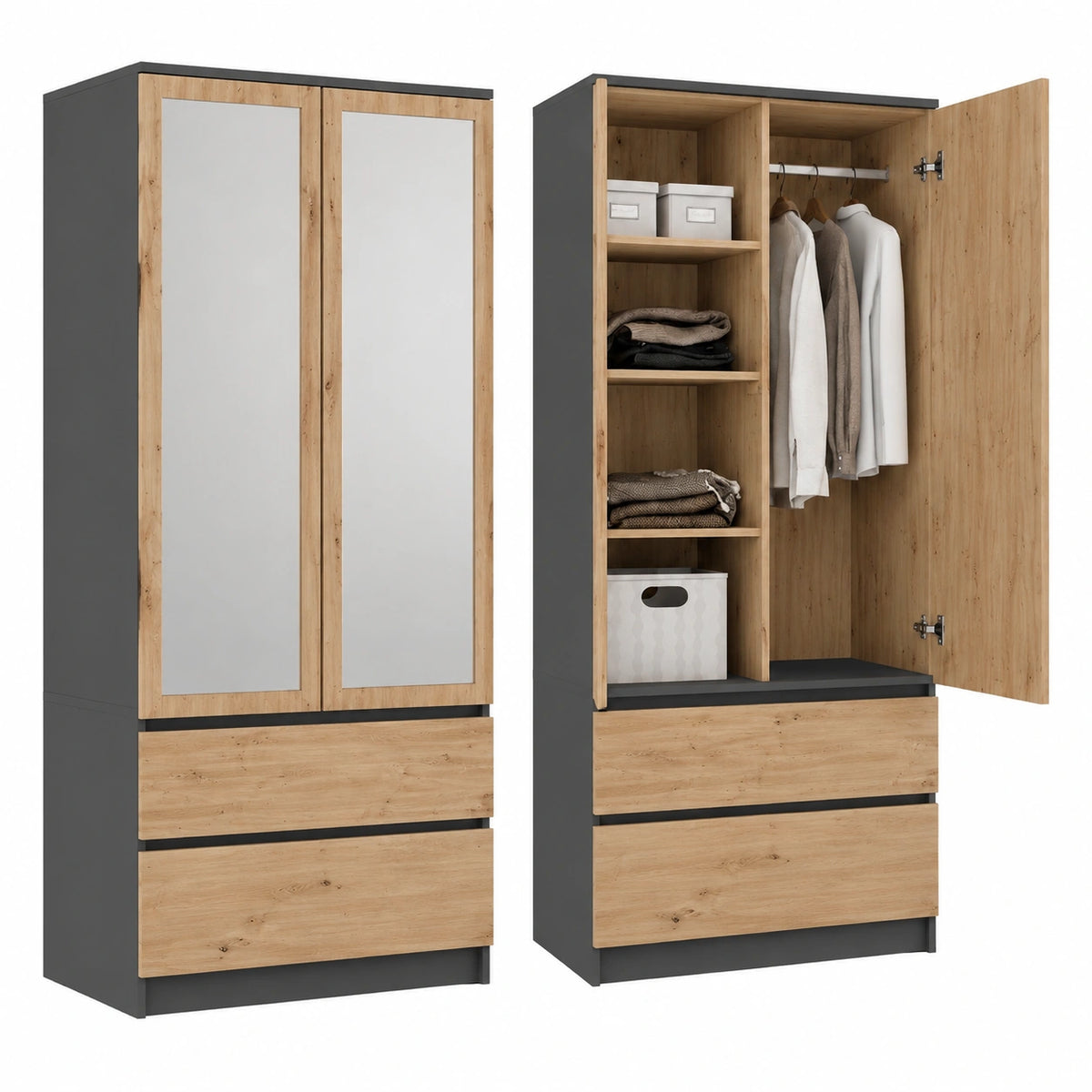 Armoire, avec tiroirs, avec portes, en chêne et panneaux de bois, coloris anthracite, pour la chambre